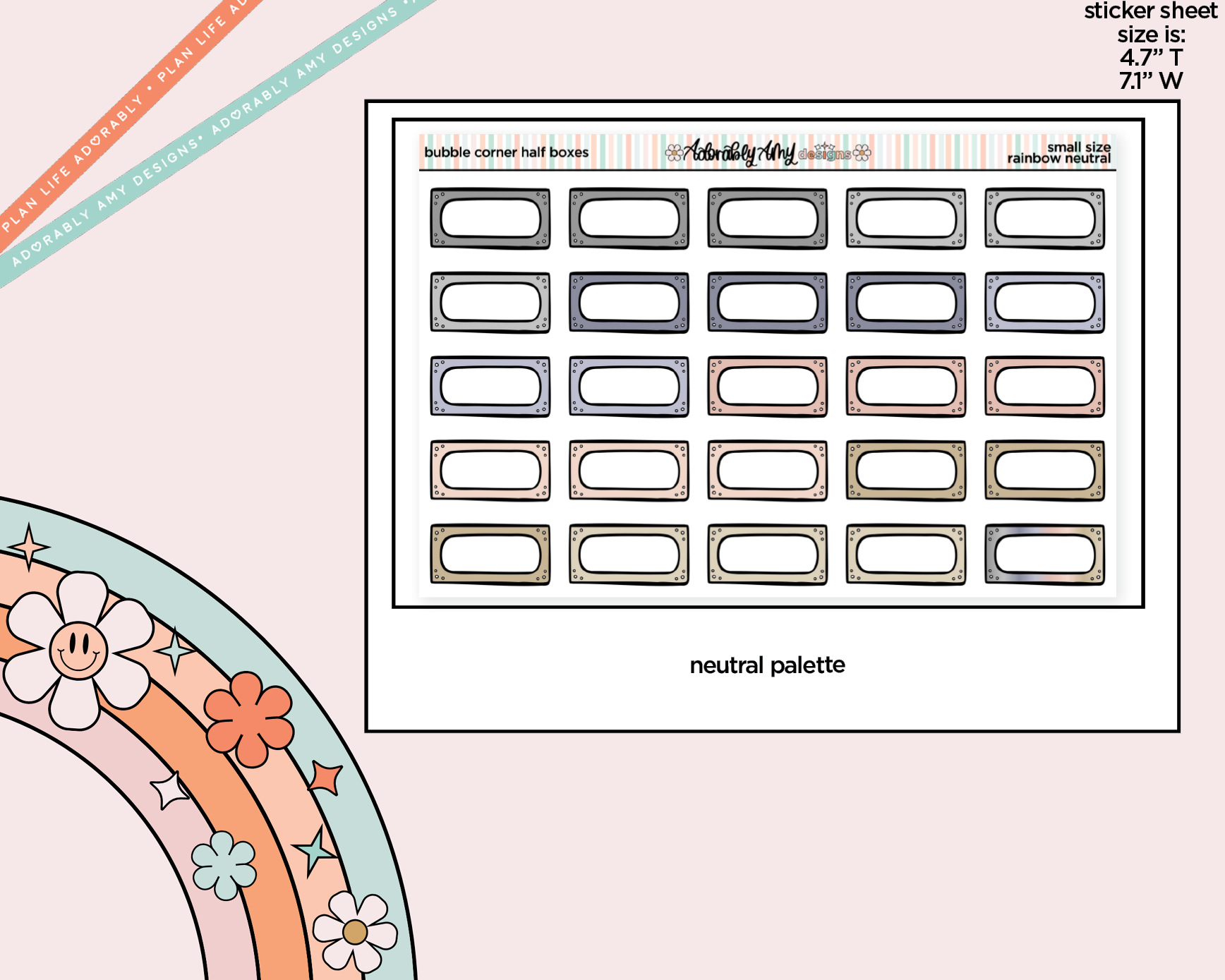 Rainbow Doodled Bubble Corner Half Boxes Small Size Planner Stickers - Adorably Amy Designs