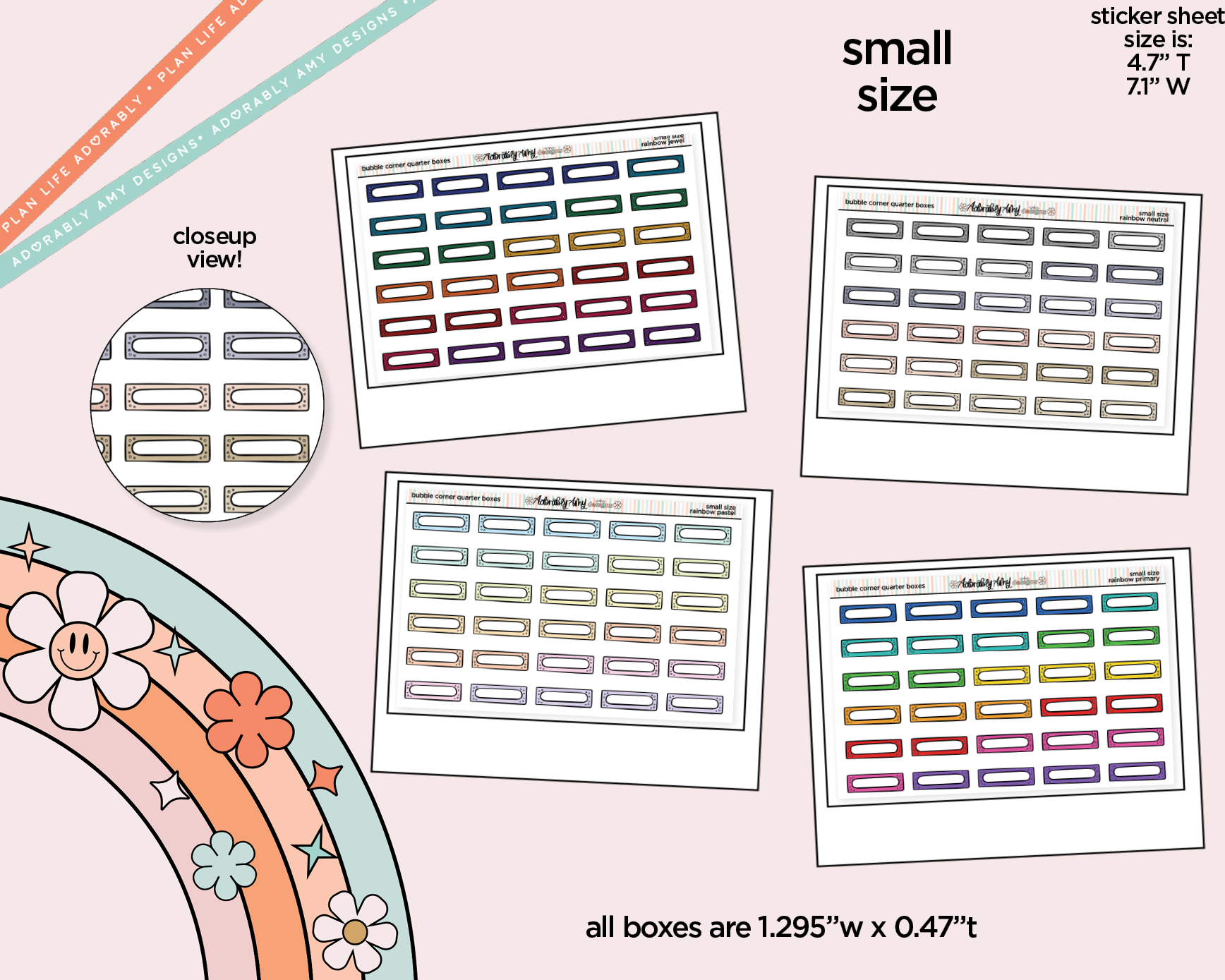 Rainbow Doodled Bubble Corner Quarter Boxes Small Size Planner Stickers - Adorably Amy Designs