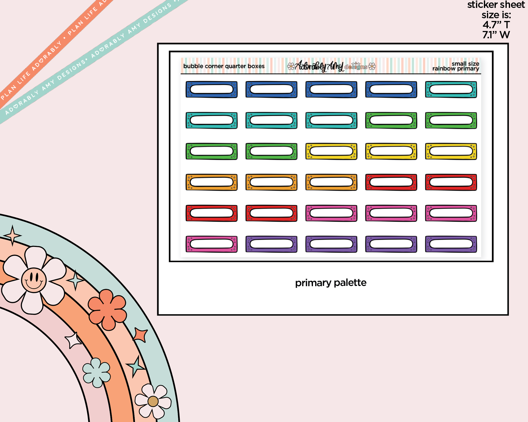 Rainbow Doodled Bubble Corner Quarter Boxes Small Size Planner Stickers - Adorably Amy Designs