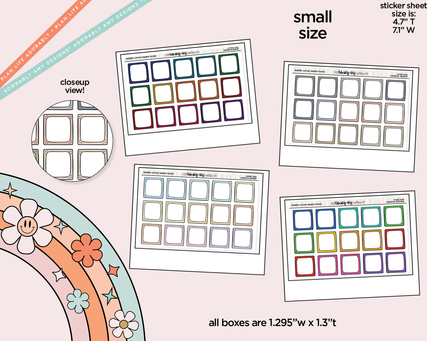 Rainbow Doodled Bubble Corner Square Boxes Small Size Planner Stickers - Adorably Amy Designs
