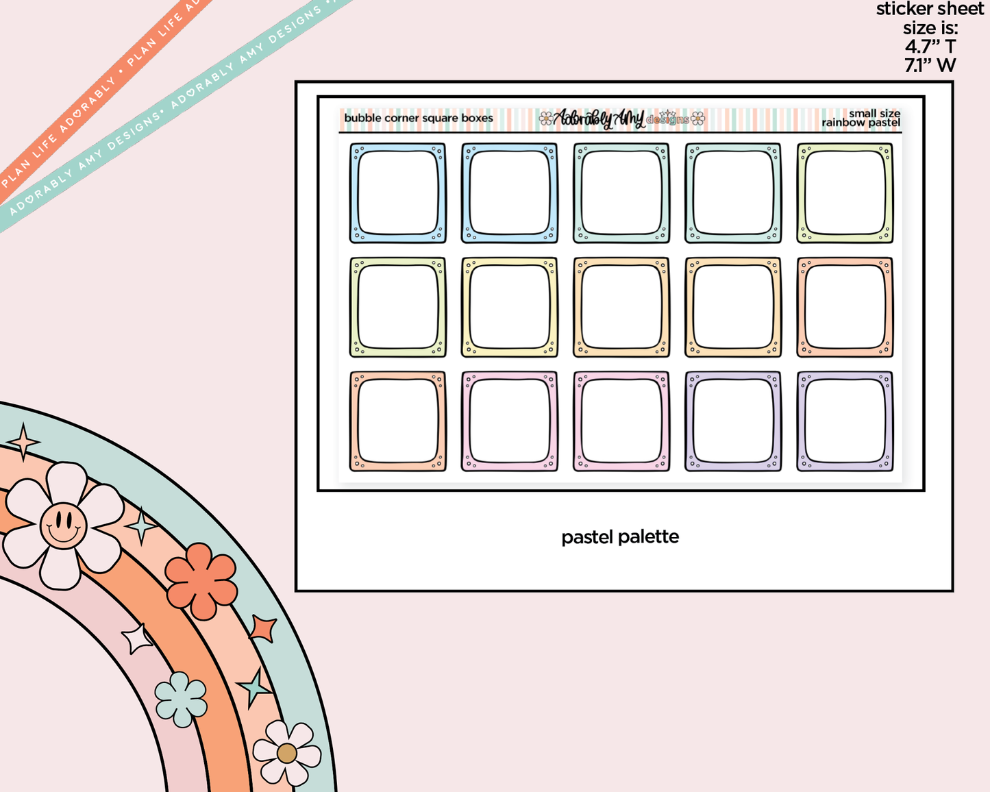Rainbow Doodled Bubble Corner Square Boxes Small Size Planner Stickers - Adorably Amy Designs