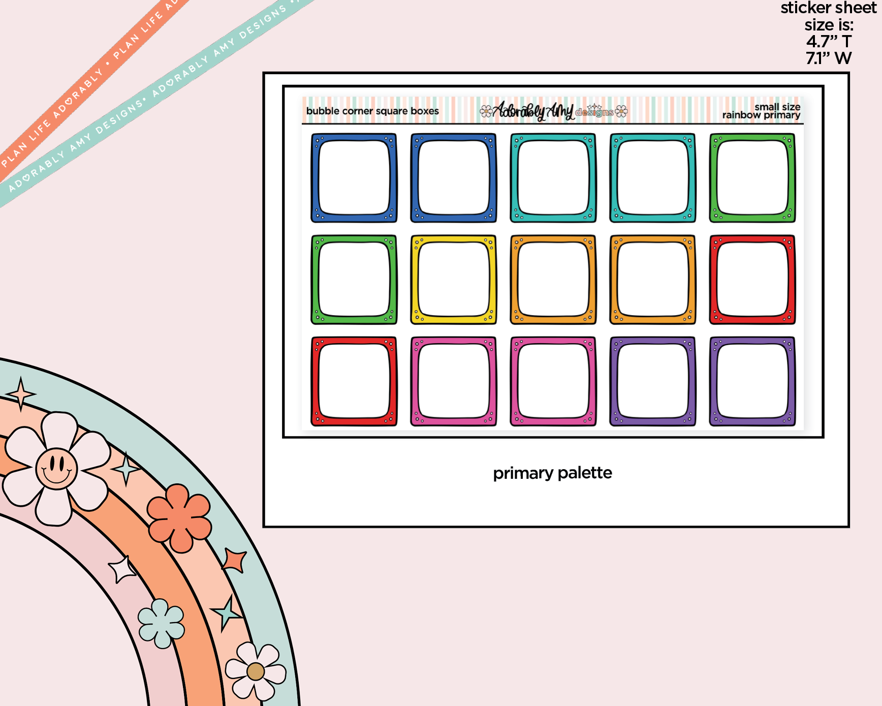 Rainbow Doodled Bubble Corner Square Boxes Small Size Planner Stickers - Adorably Amy Designs