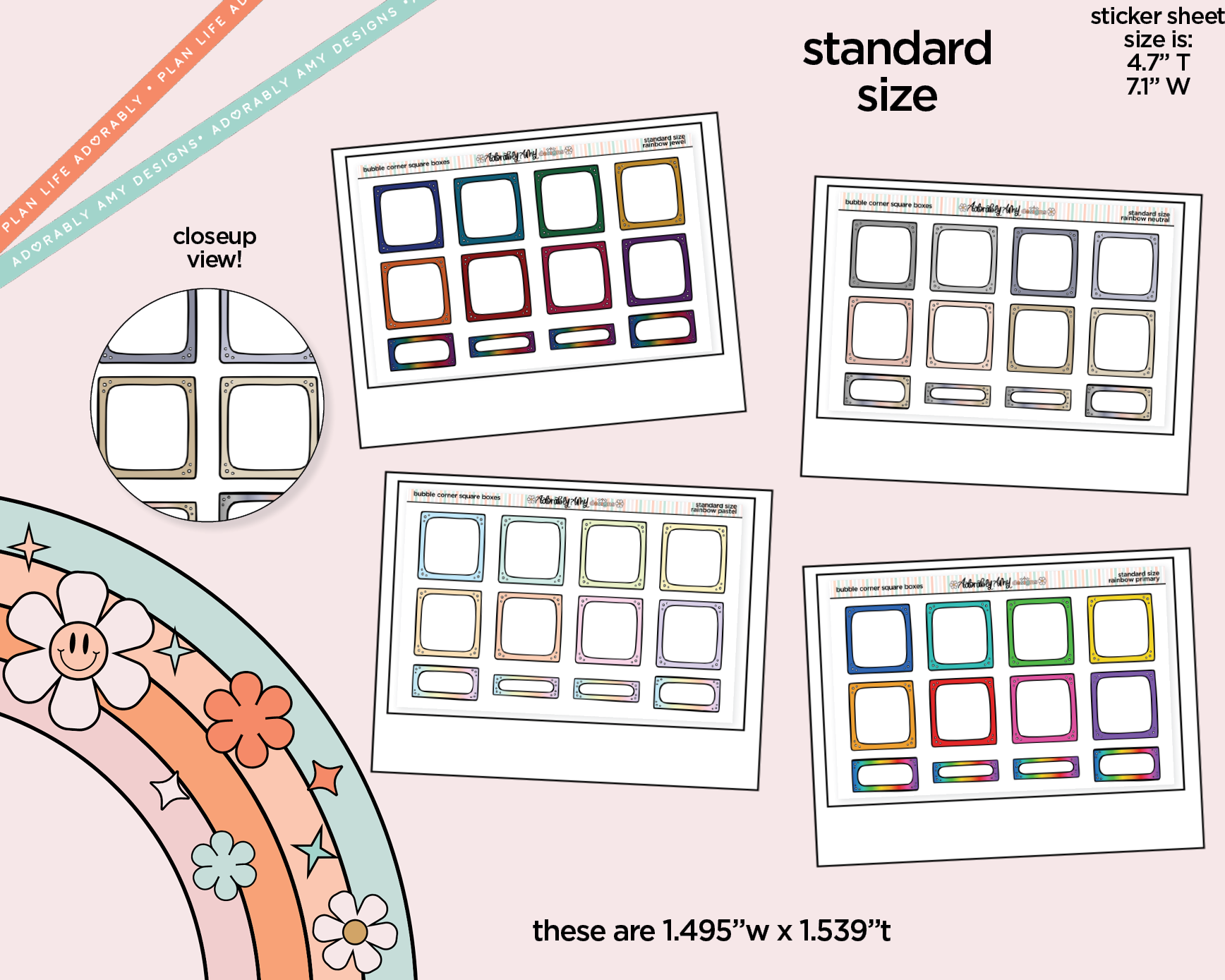 Rainbow Doodled Bubble Corner Square Boxes Standard Size Stickers - Adorably Amy Designs