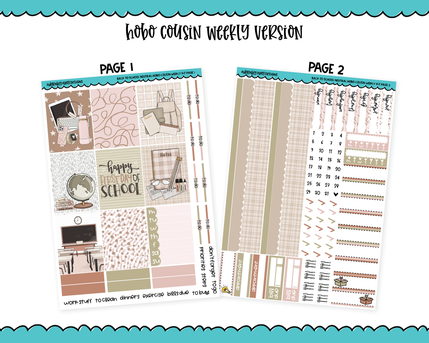 Hobonichi Cousin Weekly Back to School Neutral Planner Sticker Kit for Hobo Cousin or Similar Planners