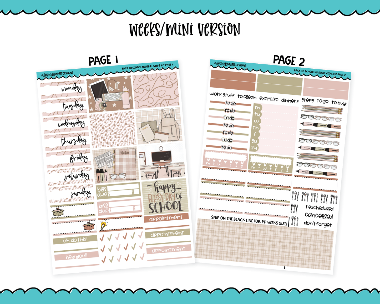 Mini B6 Back to School Neutral Weekly Planner Sticker Kit sized for ANY Vertical Insert