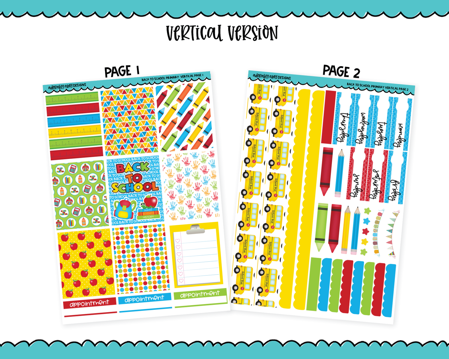 Vertical Back to School Primary Planner Sticker Kit for Vertical Standard Size Planners or Inserts