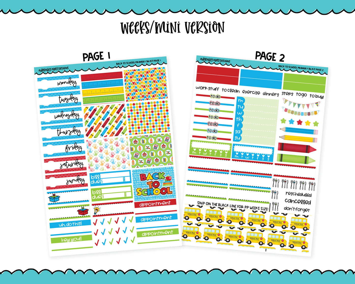 Mini B6 Back to School Primary Weekly Planner Sticker Kit sized for ANY Vertical Insert