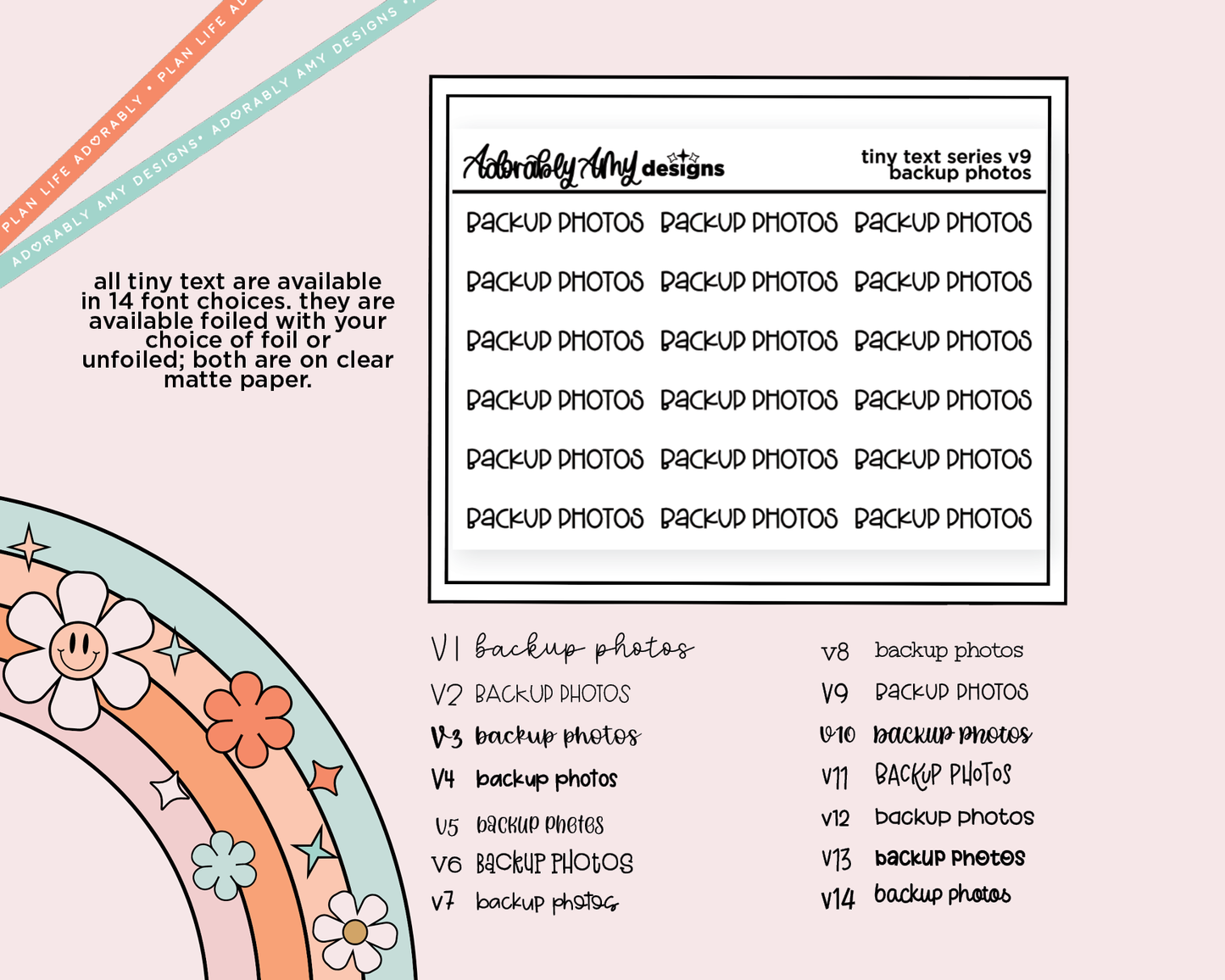 Foiled Tiny Text Series - Backup Photos Checklist Size Planner Sticker Sheet - Adorably Amy Designs