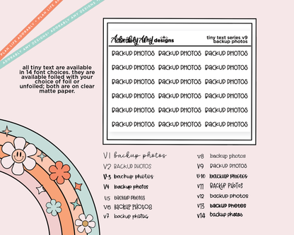 Foiled Tiny Text Series - Backup Photos Checklist Size Planner Sticker Sheet - Adorably Amy Designs