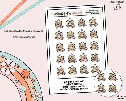 Bailee Bear Birthday Decoration Planner Stickers for any Planner or Insert