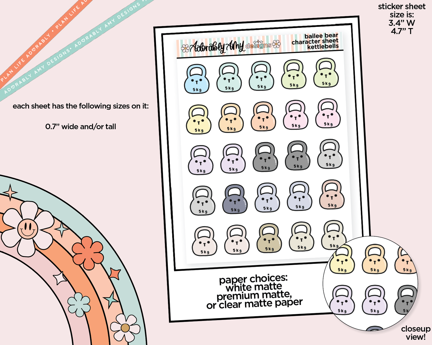 Bailee Bear Pastel Kettlebells Decoration Planner Stickers for any Planner or Insert