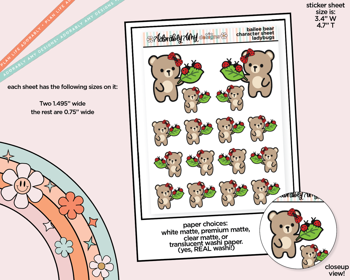 Bailee Bear Ladybugs Decoration Planner Stickers for any Planner or Insert