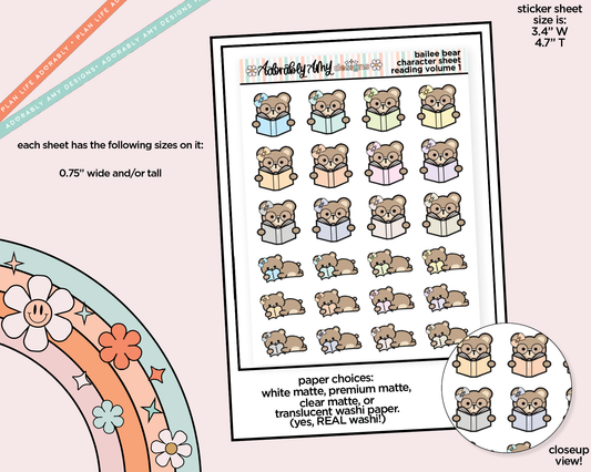 Bailee Bear Reading Volume 1 Decoration Planner Stickers for any Planner or Insert
