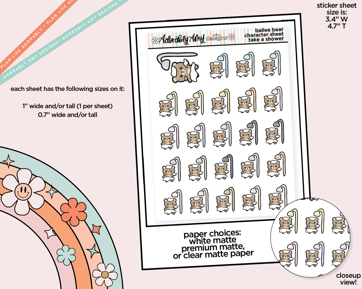 Bailee Bear Selfcare Takes a Shower Decoration Planner Stickers for any Planner or Insert