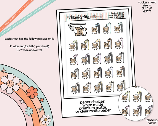 Bailee Bear Selfcare Takes a Shower Decoration Planner Stickers for any Planner or Insert