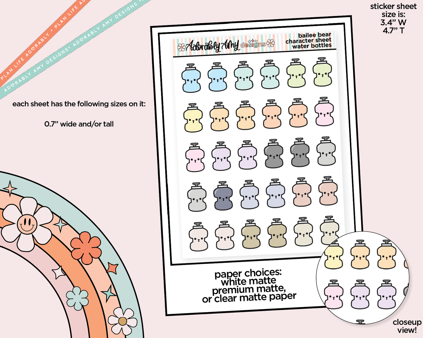 Bailee Bear Pastel Water Bottles Decoration Planner Stickers for any Planner or Insert