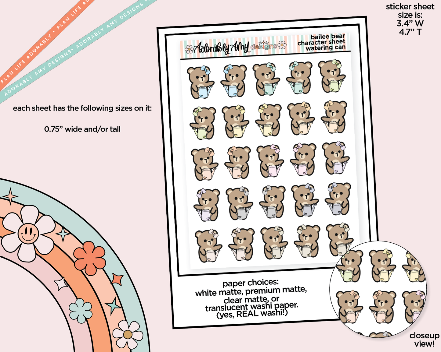 Bailee Bear Watering Can - Water Flowers Decoration Planner Stickers for any Planner or Insert