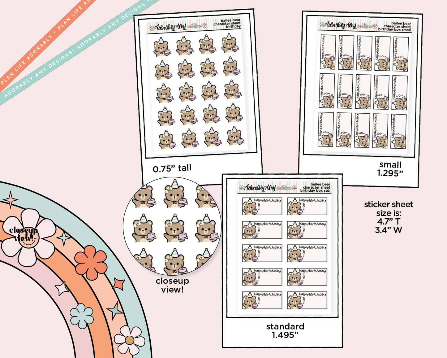 Bailee Bear Birthday Decoration Planner Stickers for any Planner or Insert