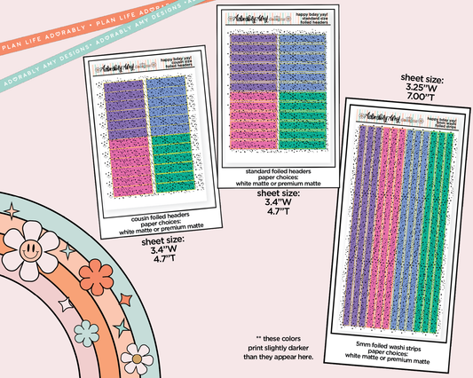 Foiled Happy Birthday Yay! Headers or Long Strips Planner Stickers for any Planner or Insert