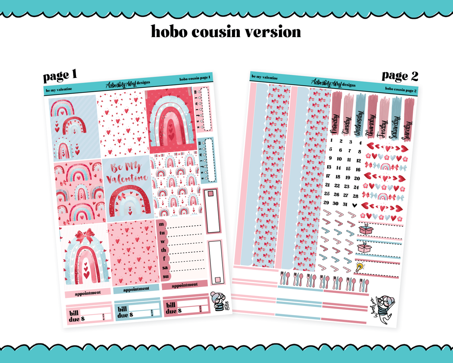 Hobonichi Cousin Weekly Be My Valentine Watercolor Planner Sticker Kit for Hobo Cousin or Similar Planners