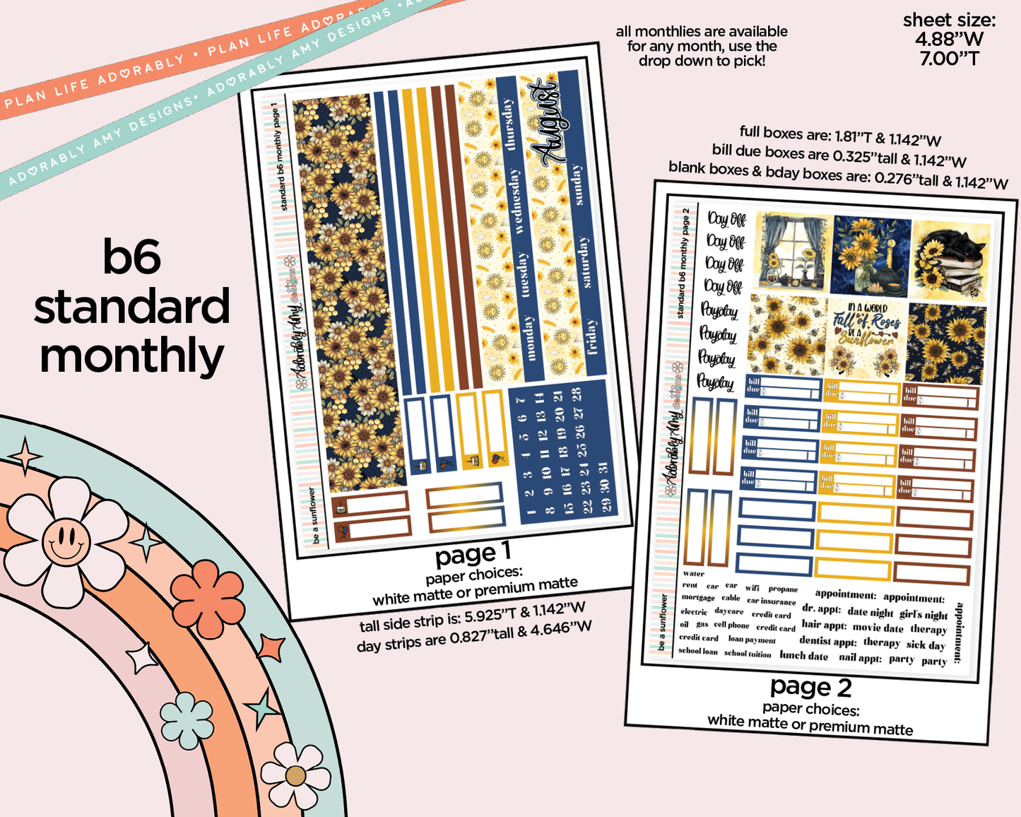 Standard B6 Monthly Pick Your Month Be a Sunflower Planner Sticker Kit for some B6 Planners