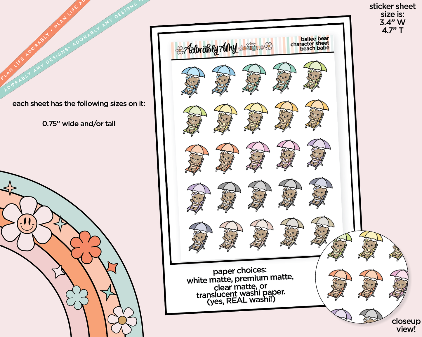 Bailee Bear Beach Babe Decoration Character Planner Stickers