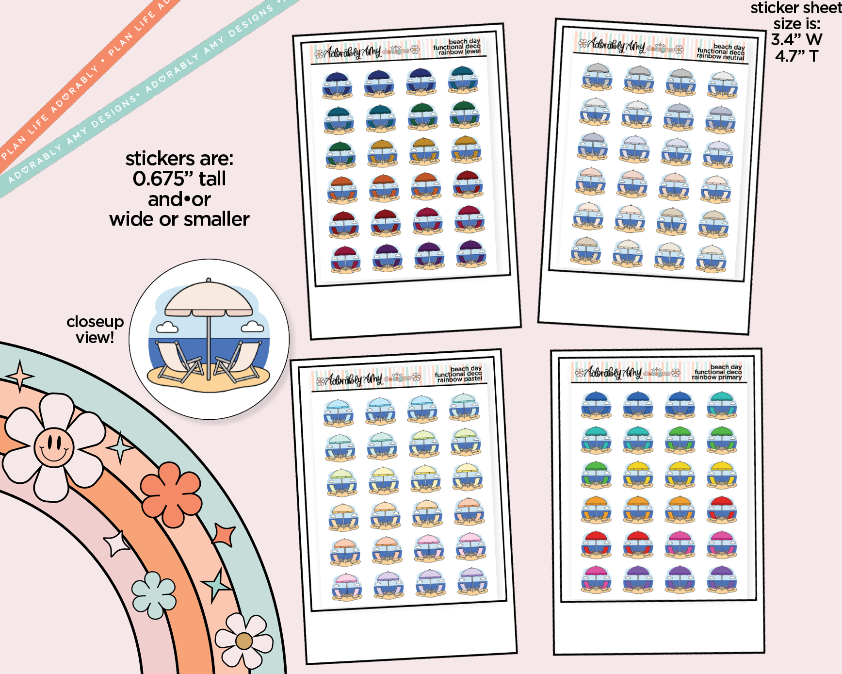 Rainbow Beach - Beach Day Doodled Icon Stickers - Adorably Amy Designs