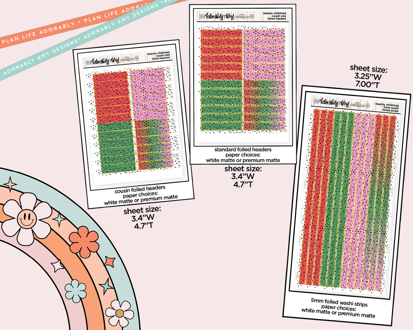 Foiled Beachy Christmas Headers or Long Strips Planner Stickers for any Planner or Insert