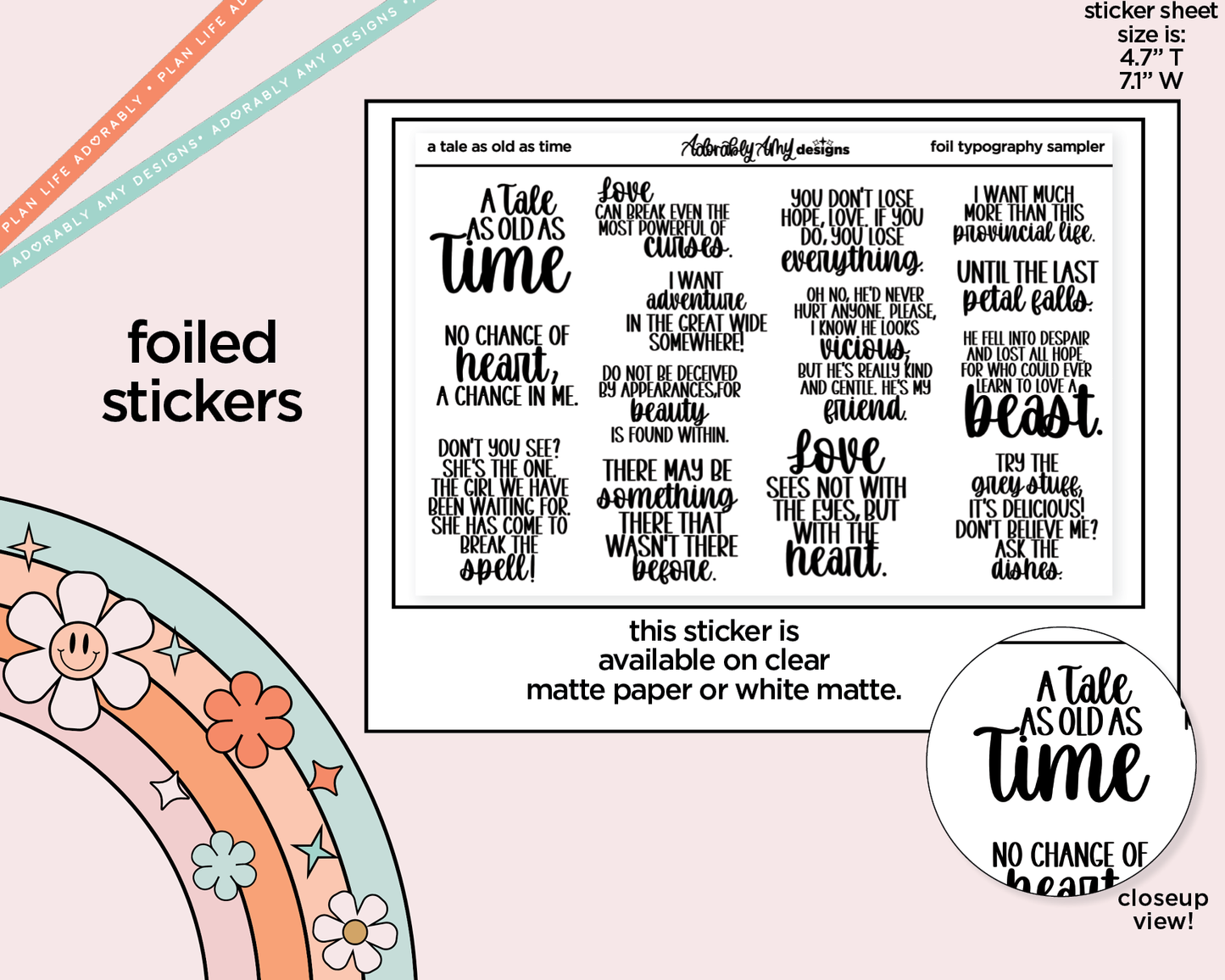 Foiled Tale as Old as Time Deco Typography Sampler Planner Stickers - Adorably Amy Designs