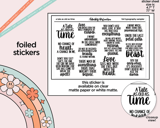Foiled Tale as Old as Time Deco Typography Sampler Planner Stickers - Adorably Amy Designs