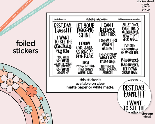 Foiled Best Day Ever Fairytale Themed Deco Typography Sampler Planner Stickers
