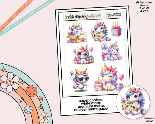 Big Eyed Kawaii Birthday Unicorn Sampler Decorative Planner Stickers for any Planner or Insert
