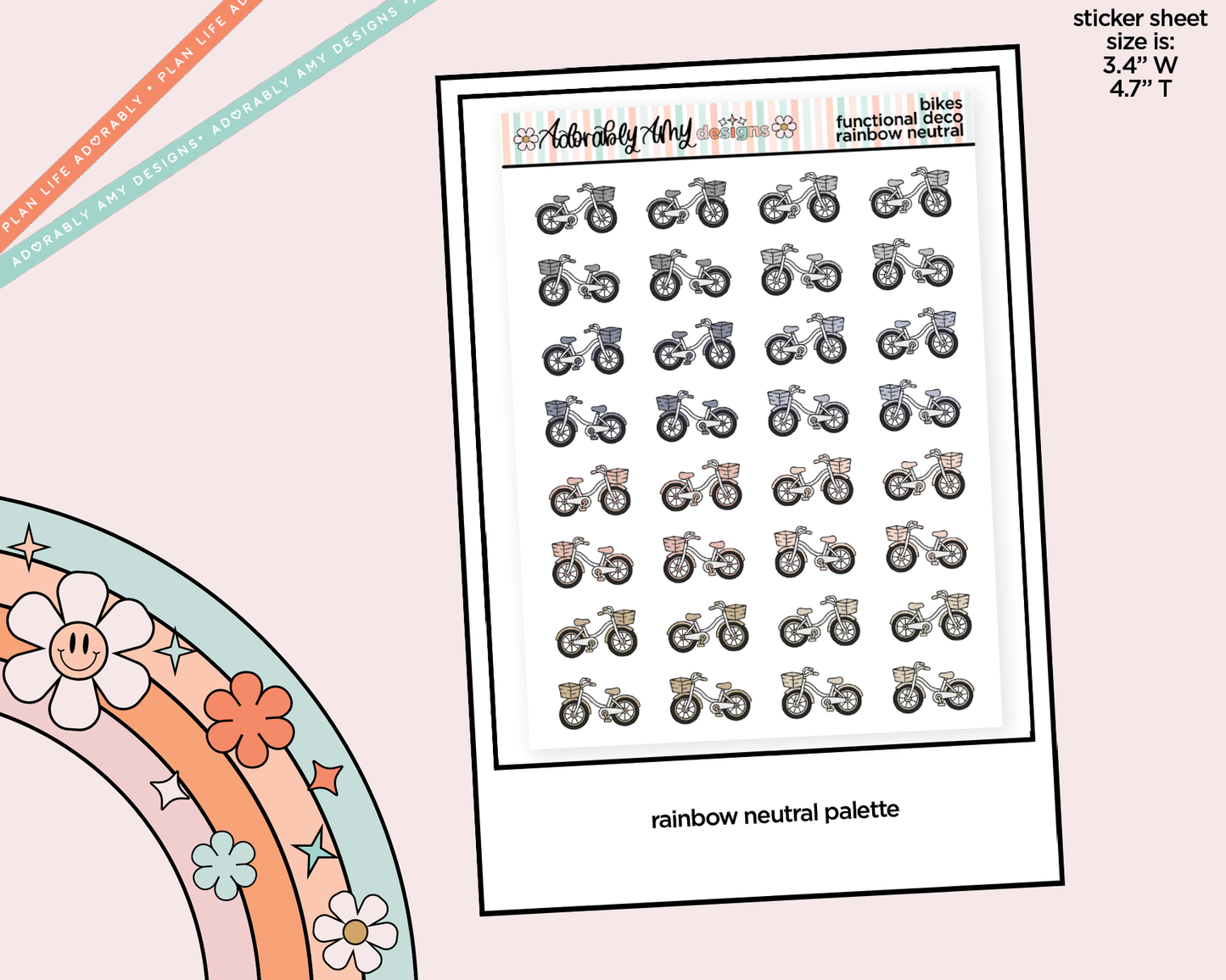 Rainbow Bikes - Bike Ride Doodled Icon Stickers - Adorably Amy Designs