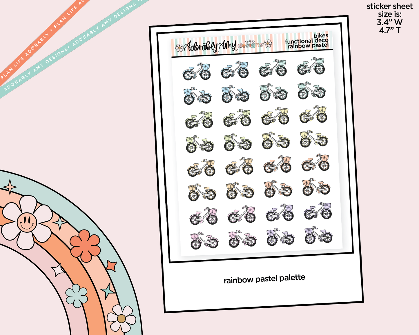 Rainbow Bikes - Bike Ride Doodled Icon Stickers - Adorably Amy Designs