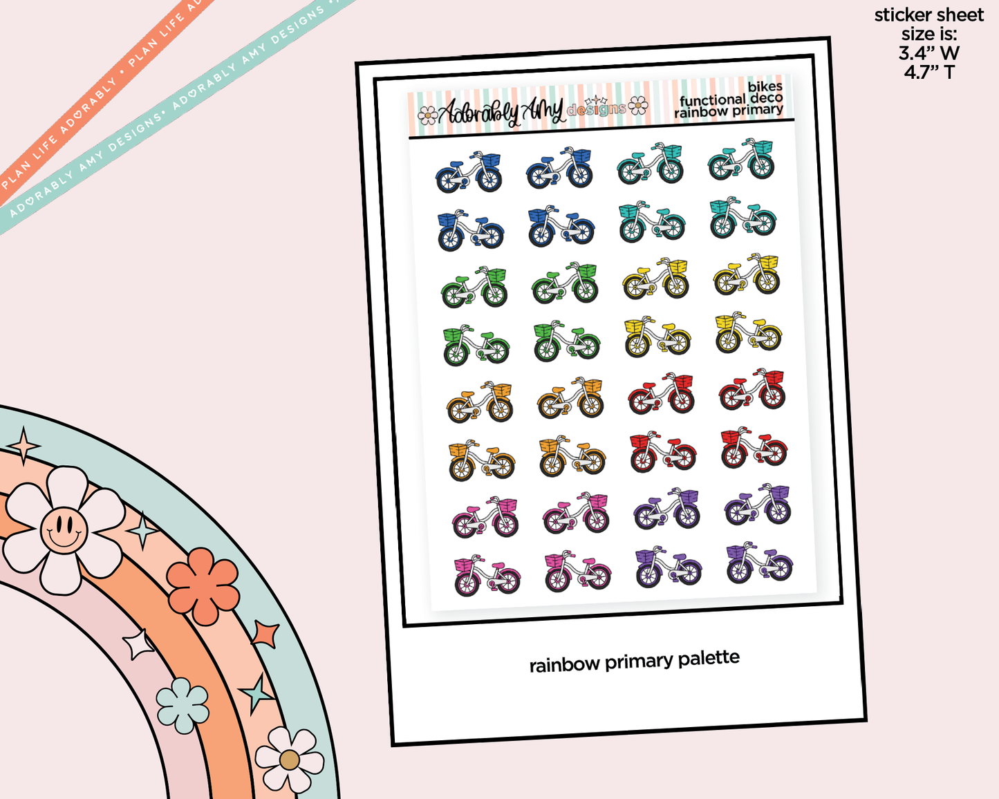 Rainbow Bikes - Bike Ride Doodled Icon Stickers - Adorably Amy Designs