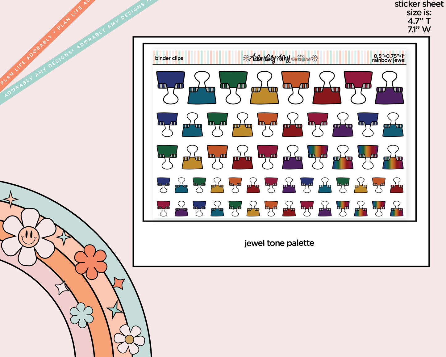 Rainbow Doodled Binder Clips Deco Standard Size Stickers for any Planner or Insert