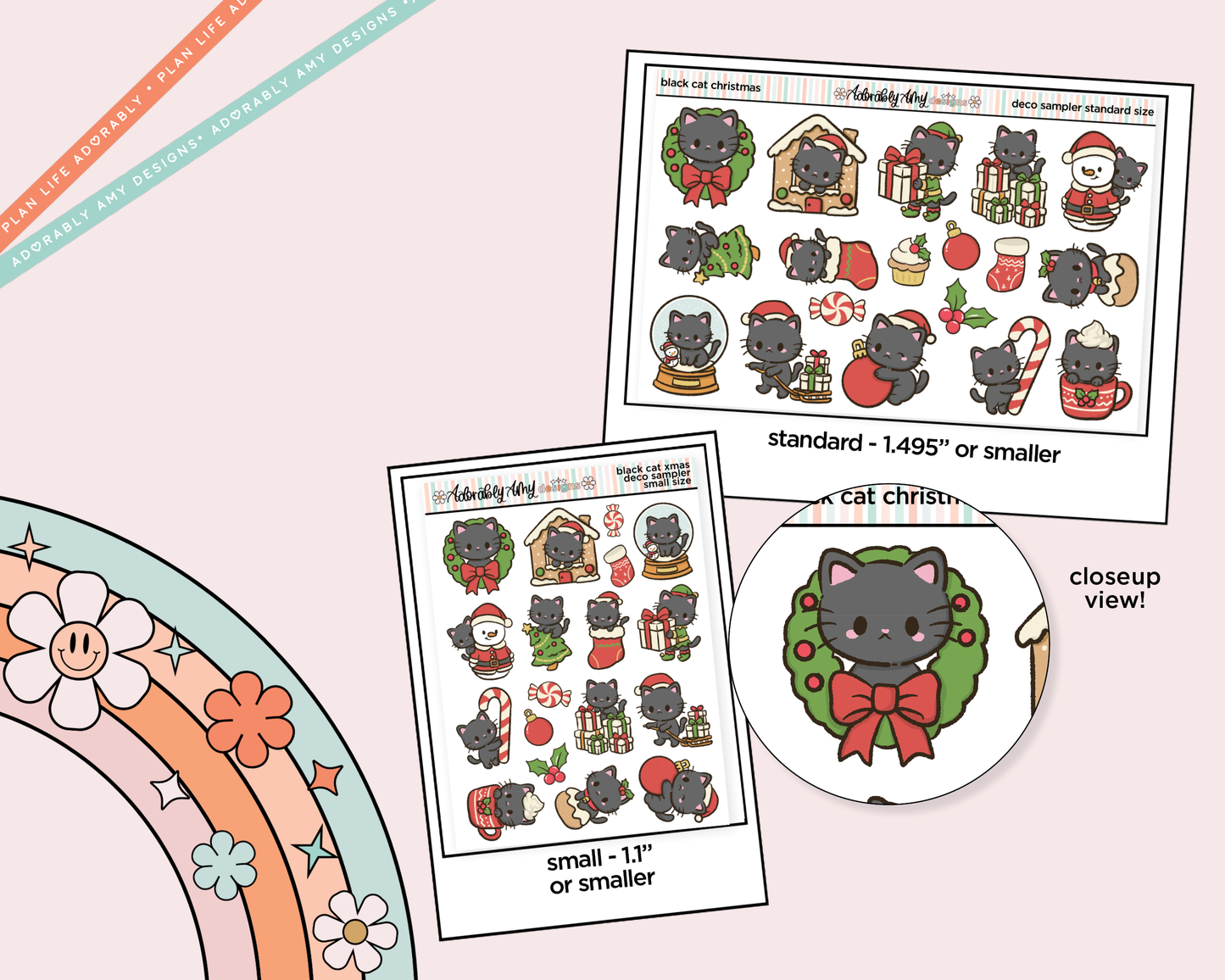 Black Cat Christmas Deco Samplers in 3 Sizes Decorative Planner Stickers