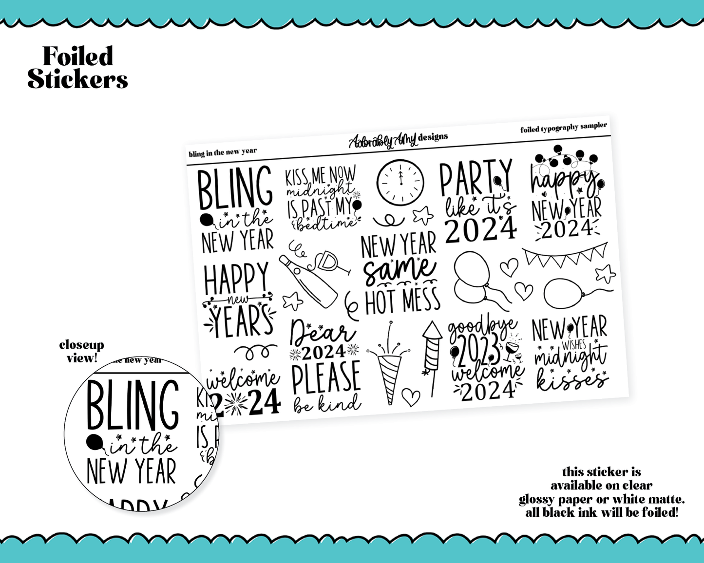 Foiled Bling in the New Year Typography Sampler Planner Stickers for any Planner or Insert