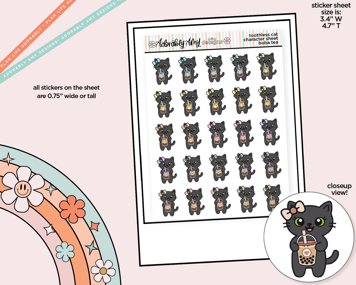 Toothless Cat Boba Tea Decoration Character Planner Stickers