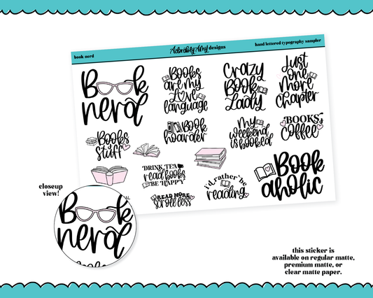 Hand Lettered Book Nerd Typography Sampler Planner Stickers for any Planner or Insert