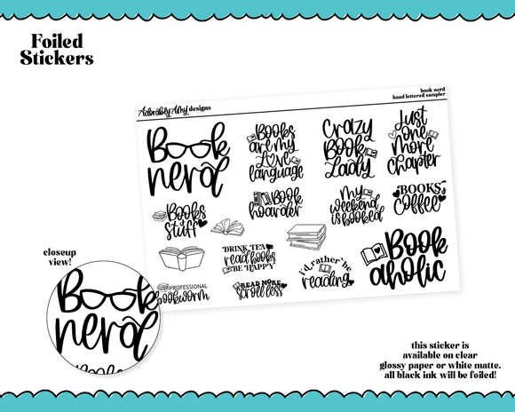 Foiled Book Nerd Hand Lettered Typography Sampler Planner Stickers for any Planner or Insert