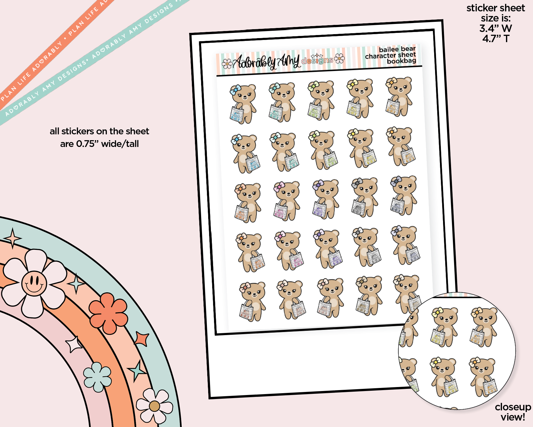 Bailee Bear Bookbag Decoration Character Planner Stickers - Adorably Amy Designs