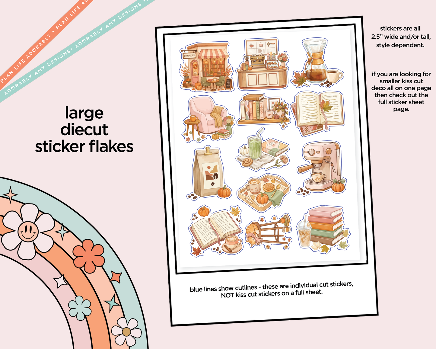 Books & Coffee Deco Samplers in 3 Sizes Decorative Planner Stickers