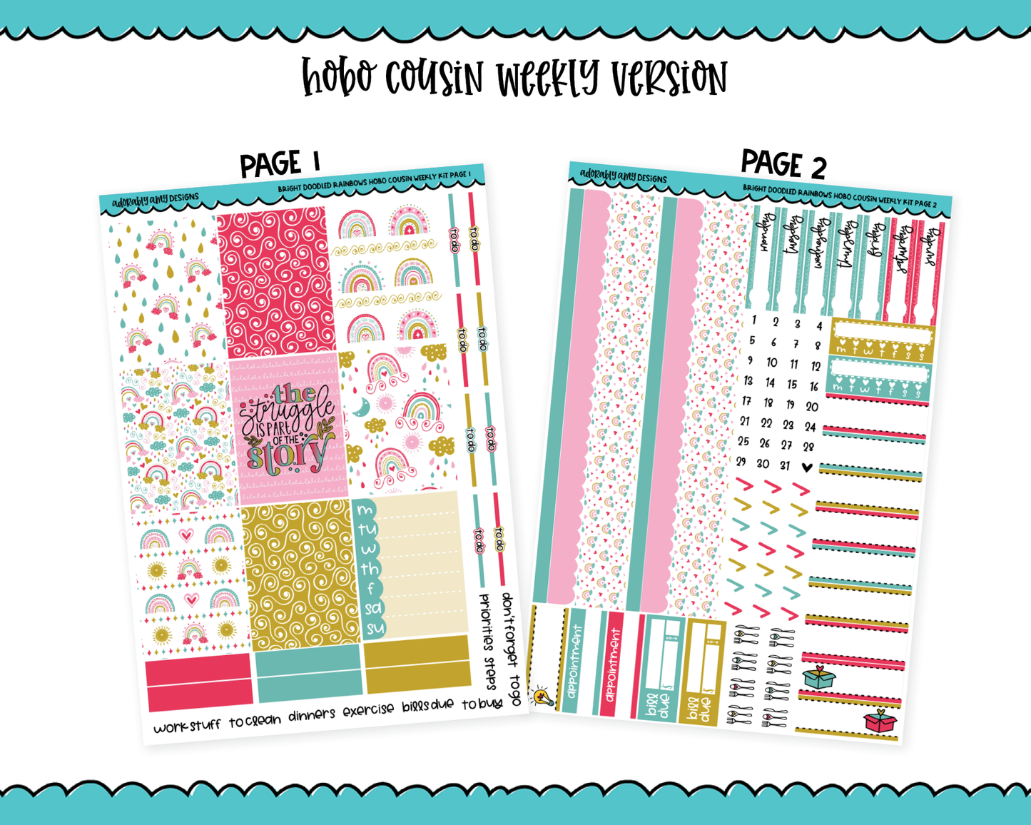 Hobonichi Cousin Weekly Bright Doodled Rainbows Themed Planner Sticker Kit for Hobo Cousin or Similar Planners