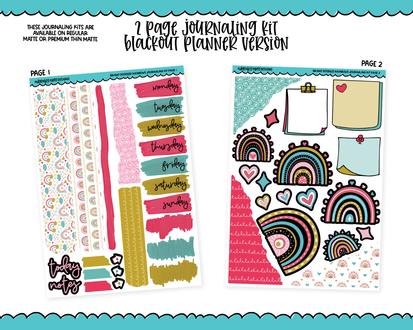 Journaling Kit Bright Doodled Rainbows Summer Themed Planner Sticker Kit in White OR Black for Blackout Planners