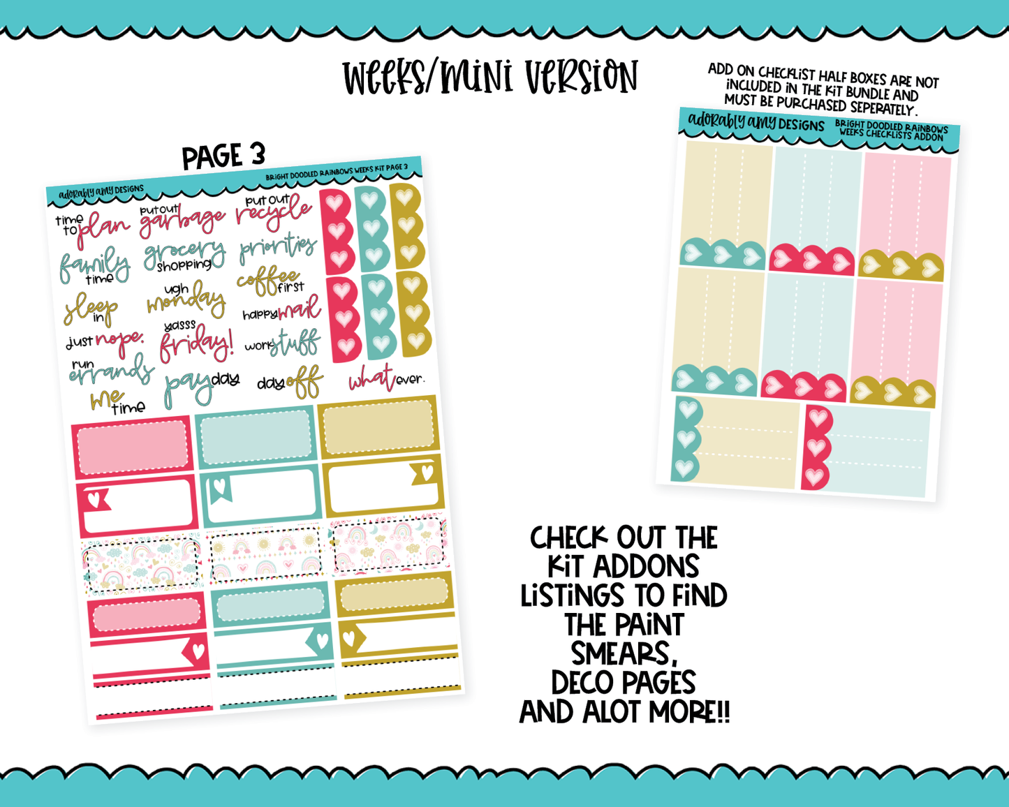 Mini B6/Weeks Bright Doodled Rainbows Summer Themed Weekly Planner Sticker Kit sized for ANY Vertical Insert