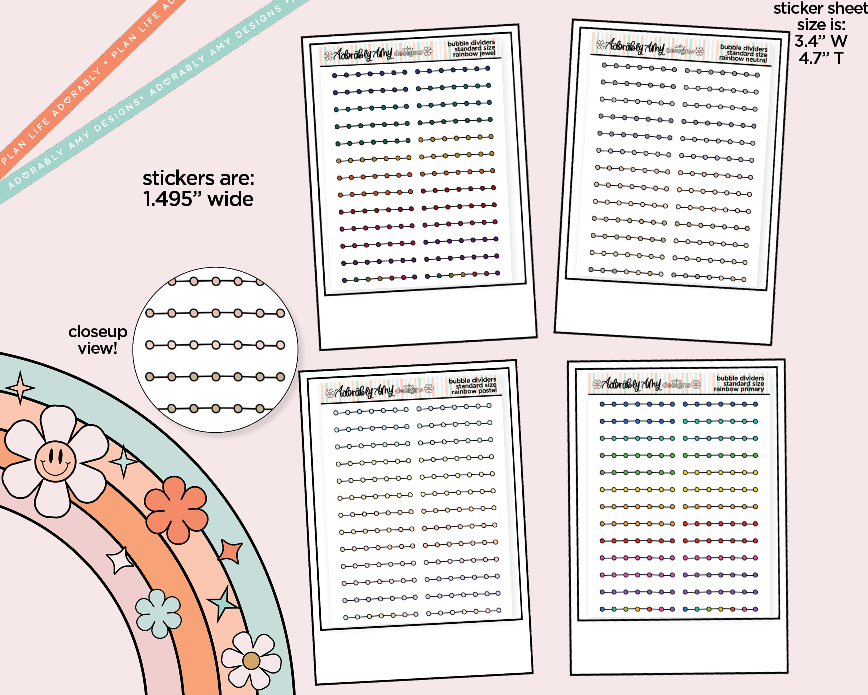 Rainbow Bubble Line Dividers Standard Size Stickers for any Planner or Insert - Adorably Amy Designs