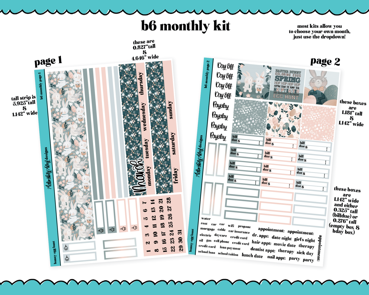 Standard B6 Monthly Pick Your Month Bunny Egg Hunt Watercolor Planner Sticker Kit for some B6 Planners