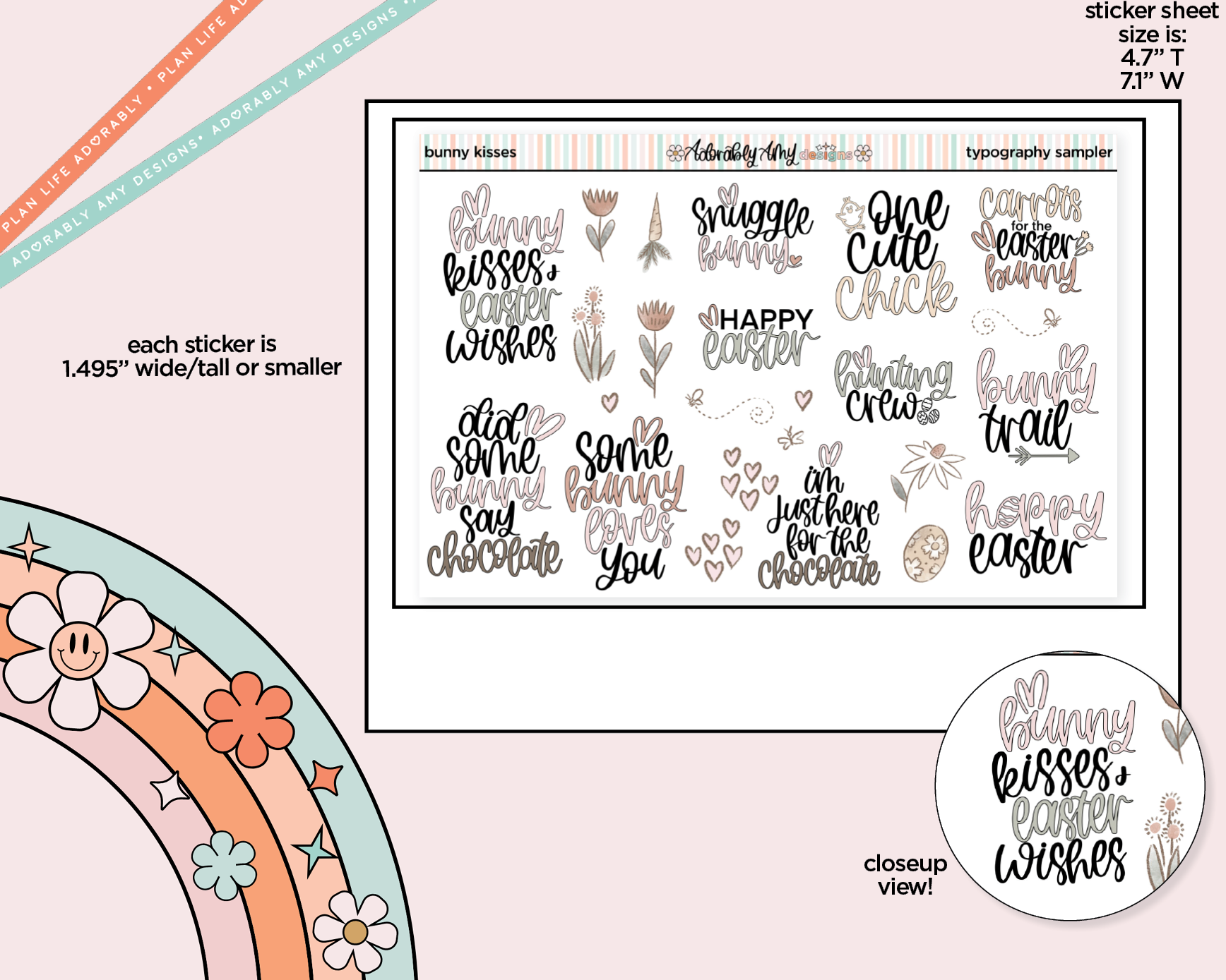 Bunny Kisses Deco Typography Sampler Planner Stickers - Adorably Amy Designs