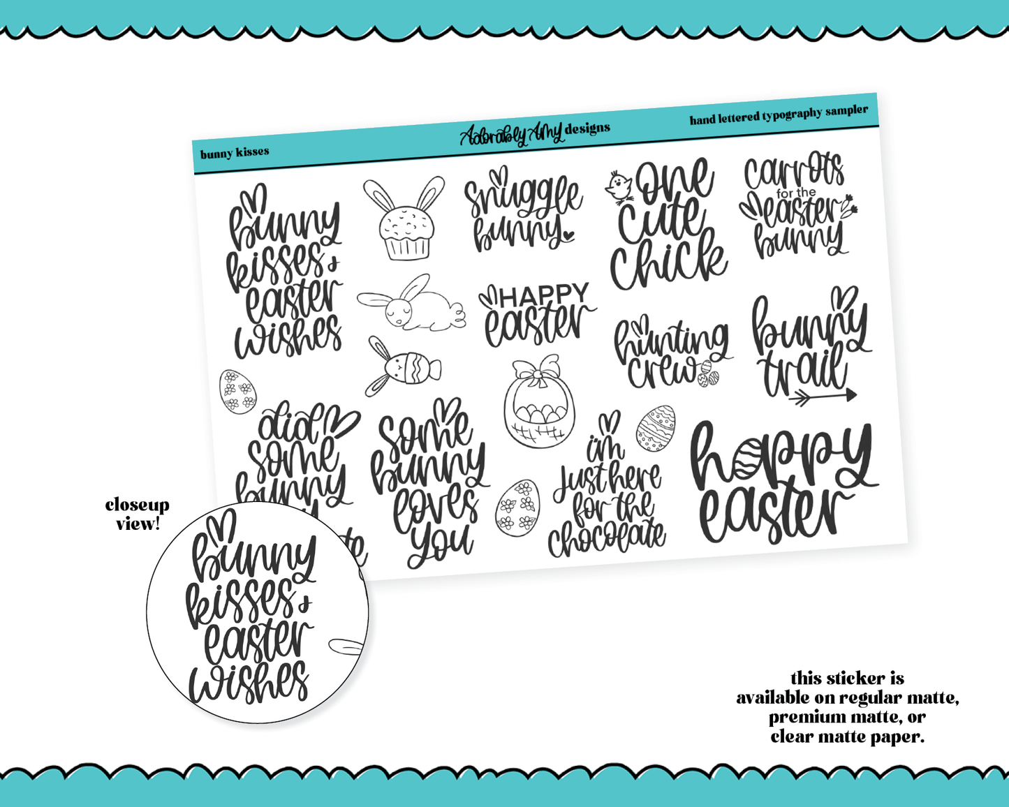 Hand Lettered Bunny Kisses Typography Sampler Planner Stickers for any Planner or Insert